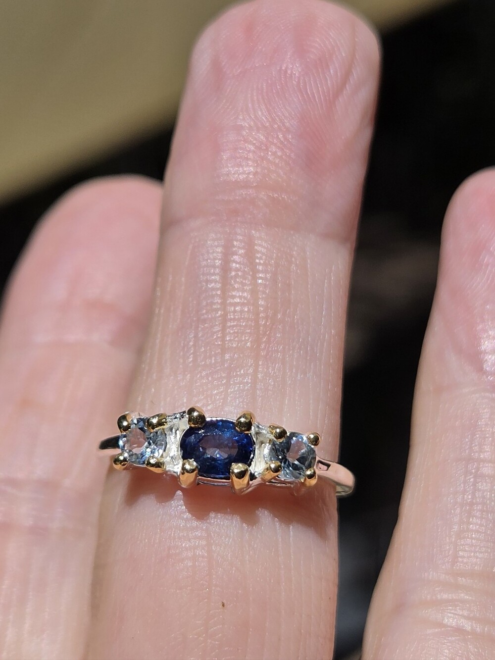 Blue Sapphire & BlueTopaz Three-Stone Ring Stetling & Gold Sz6 - Picture 5 of 7